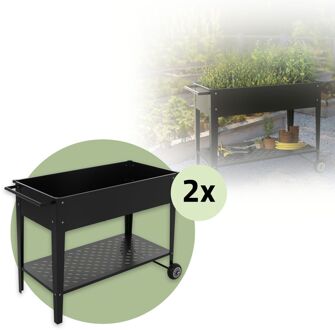 Set van 2 metalen mobiele verhoogde bedden, 98x50x79,5 cm, zwart, mobiele plantenbak met plank, wielen en