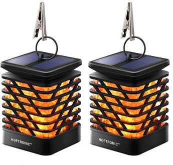 Set van 2 Solar Tuinlantaarn Amelia - Met sfeervol vlam effect - IP65 Waterdicht - Warm wit 3000K licht - Schemerschakelaar - Tafellamp - Hanglamp - Solar lantaarn - Zwart