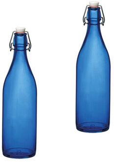 Set van 2 stuks blauwe giara flessen met beugeldop - Woondecoratie giara fles - Blauwe weckflessen