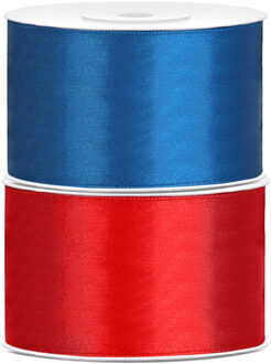 Set van 2 stuks sierlinten/cadeaulinten/satijnen linten blauw en rood 38 mm x 25 meter - Cadeaulinten