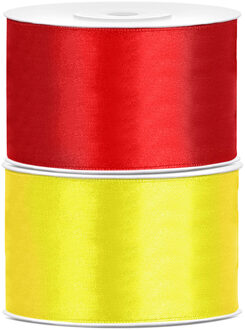 Set van 2 stuks sierlinten/cadeaulinten/satijnen linten geel en rood 38 mm x 25 meter - Cadeaulinten