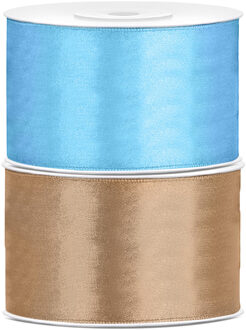 Set van 2 stuks sierlinten/cadeaulinten/satijnen linten goud en lichtblauw 38 mm x 25 meter