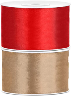 Set van 2 stuks sierlinten/cadeaulinten/satijnen linten goud en rood 38 mm x 25 meter - Cadeaulinten