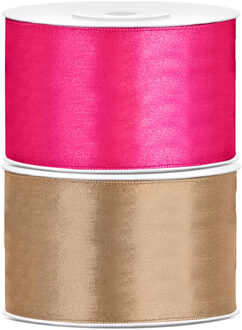 Set van 2 stuks sierlinten/cadeaulinten/satijnen linten goud en roze 38 mm x 25 meter