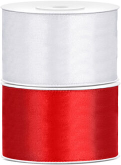 Set van 2 stuks sierlinten/cadeaulinten/satijnen linten wit en rood 38 mm x 25 meter - Cadeaulinten