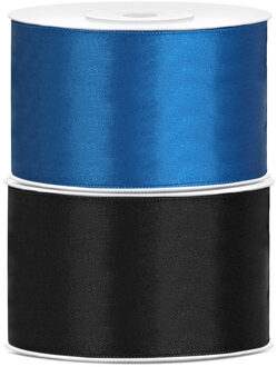 Set van 2 stuks sierlinten/cadeaulinten/satijnen linten zwart en blauw 38 mm x 25 meter