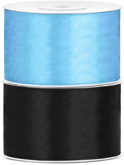 Set van 2 stuks sierlinten/cadeaulinten/satijnen linten zwart en lichtblauw 38 mm x 25 meter