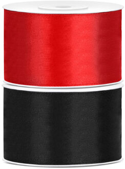 Set van 2 stuks sierlinten/cadeaulinten/satijnen linten zwart en rood 38 mm x 25 meter