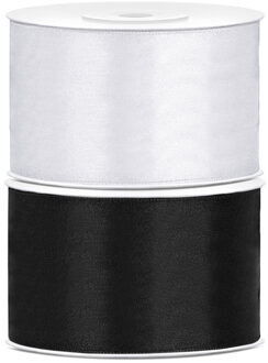 Set van 2 stuks sierlinten/cadeaulinten/satijnen linten zwart en wit 38 mm x 25 meter