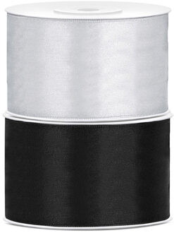 Set van 2 stuks sierlinten/cadeaulinten/satijnen linten zwart en zilver 38 mm x 25 meter