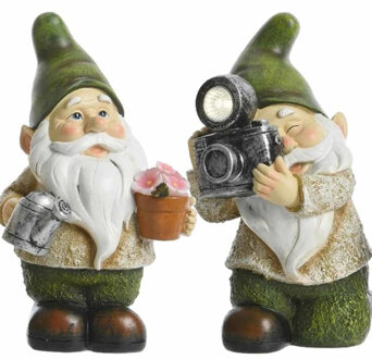 Set van 2 tuinkabouter beelden James en Jorge met solar verlichting 24 cm - Tuinverlichting/tuinlampen - Solarlampen op zonne-energie