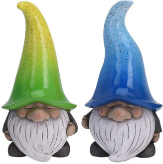 Set van 2 tuinkabouters gnooms met blauwe en groene muts 23 cm