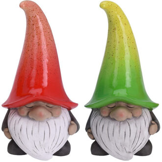 Set van 2 tuinkabouters gnooms met groene en rode muts 23 cm - Tuinbeelden Rood
