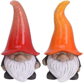 Set van 2 tuinkabouters gnooms met oranje en rode muts 23 cm - Tuinbeelden Rood