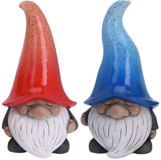 Set van 2 tuinkabouters gnooms met rode en blauwe muts 23 cm - Tuinbeelden Rood