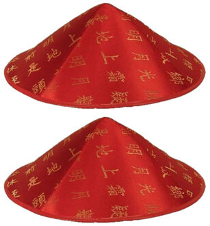 Set van 2x aziatische/chinese hoedjes rood met gouden tekens/letters