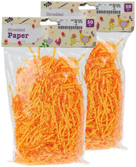 Set van 2x decoratie paasgras vulmateriaal - crepe papier - oranje - 100 gram - Feestdecoratievoorwerp