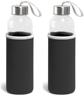 Set van 2x glazen waterflessen/bidons met zwarte soft shell hoes 520 ml - Drinkflessen Transparant