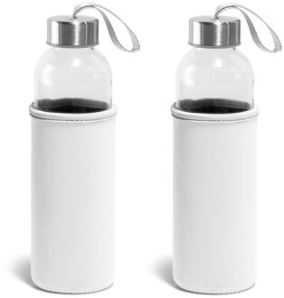 Set van 2x glazen waterflessen/drinkflessen met witte soft shell hoes 520 ml - Sportflessen - Bidons 2 stuks