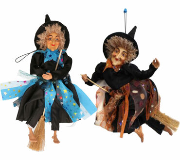 Set van 2x Halloween decoratie heksen pop op bezem - 30 cm - blauw/bruin