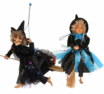 Set van 2x Halloween decoratie heksen pop op bezem - 30 cm - blauw/zwart