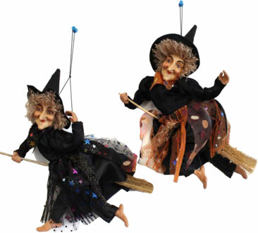 Set van 2x Halloween decoratie heksen pop op bezem - 30 cm - zwart/bruin
