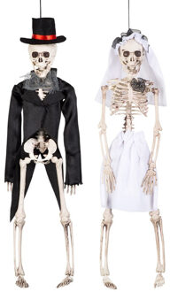 Set van 2x horror hang decoratie skelet bruid en bruidegom poppen 41 cm