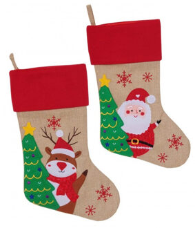 Set van 2x kerstsokken beige/rood met print 46 cm