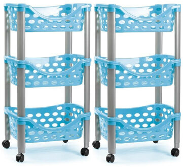 Set van 2x keukentrolley/roltafel 3 laags kunststof blauw 40 x 65 cm