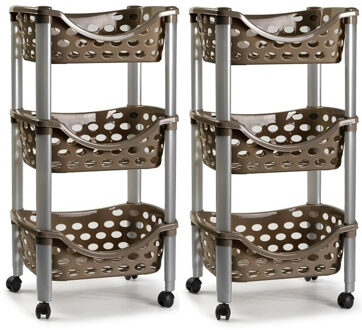 Set van 2x keukentrolley/roltafel 3 laags kunststof bruin 40 x 65 cm
