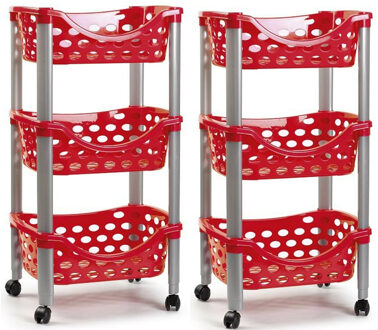 Set van 2x keukentrolley/roltafel 3 laags kunststof rood 40 x 65 cm