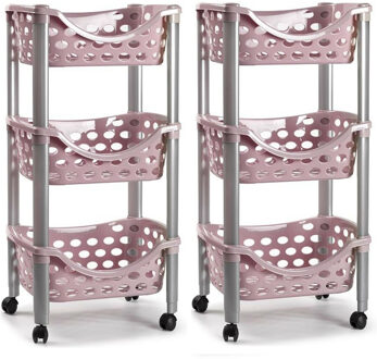 Set van 2x keukentrolley/roltafel 3 laags kunststof roze 40 x 65 cm