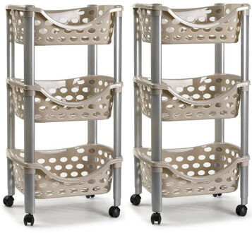Set van 2x keukentrolley/roltafel 3 laags kunststof taupe 40 x 65 cm