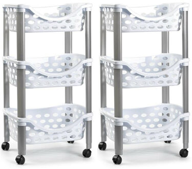 Set van 2x keukentrolley/roltafel 3 laags kunststof wit 40 x 65 cm