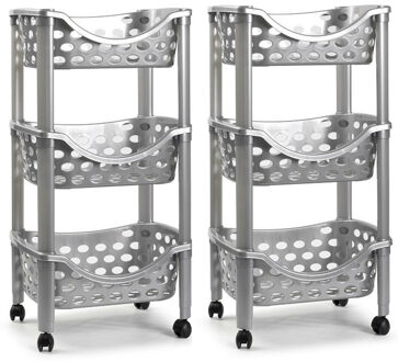 Set van 2x keukentrolley/roltafel 3 laags kunststof zilver 40 x 65 cm