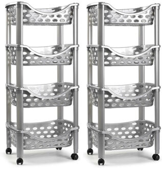 Set van 2x keukentrolley/roltafel 4 laags kunststof zilver 40 x 88 cm