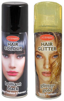 Set van 2x kleuren haarverf/haarspray van 125 ml - Zwart en Goud glitters