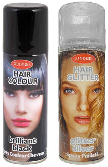 Set van 2x kleuren haarverf/haarspray van 125 ml - Zwart en Zilver glitters