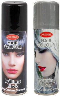 Set van 2x kleuren haarverf/haarspray van 125 ml - Zwart en Zilver