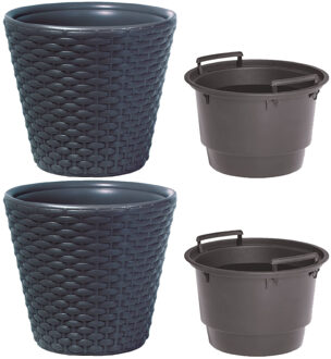 Set van 2x kunststof Rato rotan bloempotten/plantenpotten antraciet 12 liter met binnenpot 8 liter