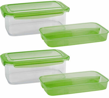 Set van 2x Lunchbox met (bestek) bakje - Groen - 1,9L - 24 x 15,2 x 8,8 cm - Voedselbewaar trommel/broodtrommel