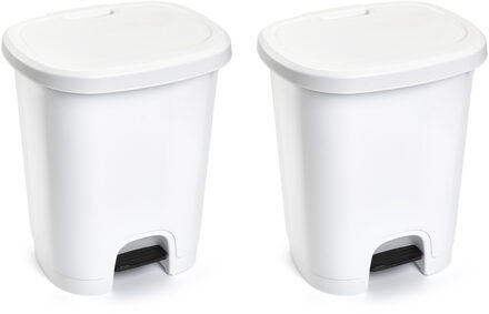 Set van 2x stuks afvalemmers/vuilnisemmers/pedaalemmers 27 liter in het wit met deksel en pedaal