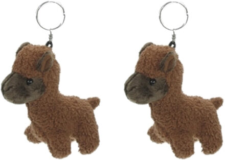 Set van 2x stuks alpaca mini knuffel sleutelhanger 12 cm bruin - Pluche dieren cadeau knuffels/knuffeltjes voor kinderen