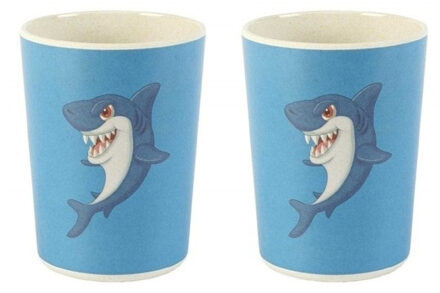 Set Van 2x Stuks Bamboe Drinkbekers Haai Voor Kinderen 8 Cm - Kinder En Peuters Servies - Milieuvriendelijk Blauw