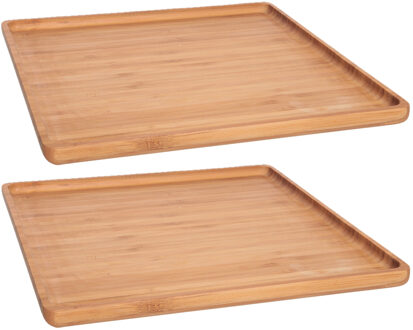 Set Van 2x Stuks Bamboe Houten Dienbladen Met Opstaande Rand 26 X 26 Cm Vierkant - Dienbladen Bruin