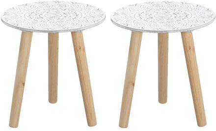 Set van 2x stuks bijzettafels rond hout wit/naturel 30 x 30 cm