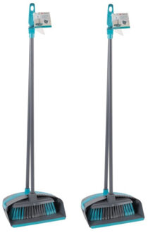 Set van 2x stuks blauwe stoffer en blik met lange steel 92 cm