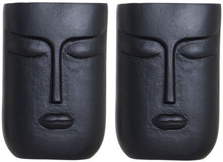 Set van 2x stuks bloemenvaas zwart van aluminium met gezicht 15 x 23 cm