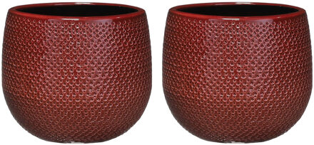 Set van 2x stuks bloempotten bordeaux rood ribbels keramiek voor kamerplant H14 x D16 cm - Plantenpotten