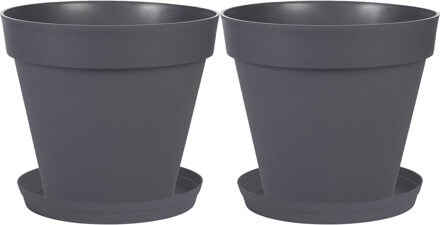 Set van 2x stuks bloempotten Toscane kunststof antraciet grijs D20 x H17 cm inclusief onderschalen D - Plantenpotten Zwart